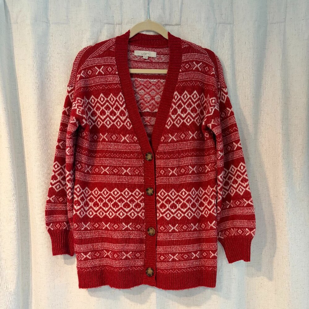 Loft Fair Isle Long Cardigan in Red & White - Size S